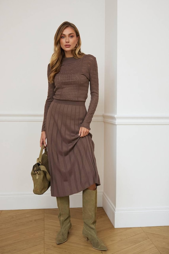 brown pleated midi dress Erica Square Neck Pleated Midi Dress Brown Girl In Mind