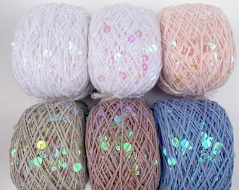 Royal Double Sequins cotton yarn with 6mm/3mm transparent halogram sequins per 50g / 0,11lb, decorative shiny cotton yarn with sequins