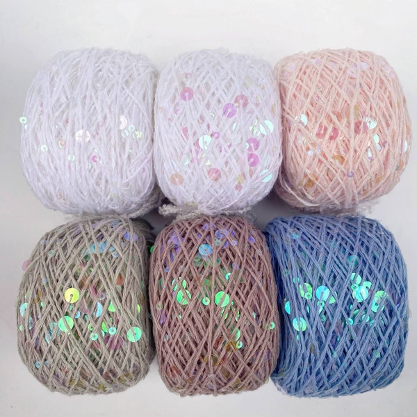 Royal Double Sequins cotton yarn with 6mm/3mm transparent halogram sequins per 50g / 0,11lb, decorative shiny cotton yarn with sequins