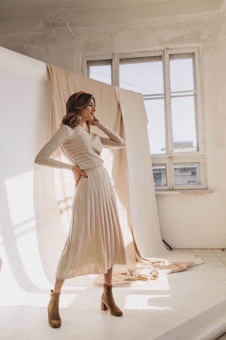 Beige Metallic Pleated Skirt Midi Dress main image 1