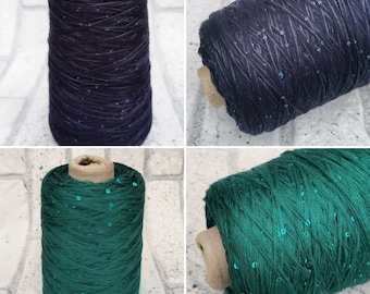 Green, Dark Blue Sequins Сotton yarn per 100g/3,5oz, 2mm Sequins Cotton yarn, luxury decorative yarn, shiny yarn, sparkly knitting yarn