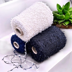 Textured 100 % cotton yarn with bows Off White, Black, Blue, per 100g/3.52oz, Fantasy Crochet, Hand knitting yarn, Italian Fancy cotton yarn