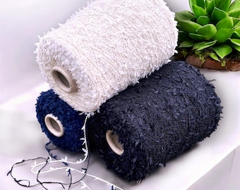 Textured 100 % cotton yarn with bows Off White, Black, Blue, per 100g/3.52oz, Fantasy Crochet, Hand knitting yarn, Italian Fancy cotton yarn