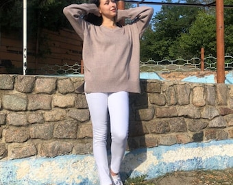 Latte Pure Silk Sweater Oversized for Women, Tsumugi Silk Sweater Latte, Silk bourette Pullover,  Natural Silk Jumper