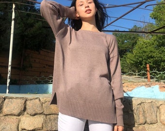 Brown Pure Silk Sweater Oversized for Women, Tsumugi Silk Sweater Latte, Silk bourette Pullover, Natural Silk Jumper