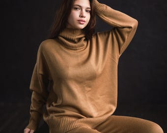 Camel Women's Turtleneck Sweater Oversized Cashmere / Silk, Luxurious Long Sleeve Cashmere Jumper, Loose Knit Pullover Cashmere