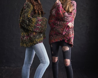 Olive, Old Rose, Blue Women's Cashmere & Wool Wide Sleeves Sweater Oversized, Women's jumper Oversized, Chunky sweater, Loose Knit Jumper