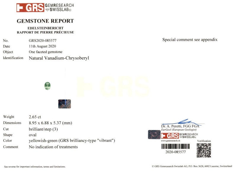 2.65 Ct Natural Untreated Vanadium Chrysoberyl GRS Certified GRS brilliancy-type vibrant image 7