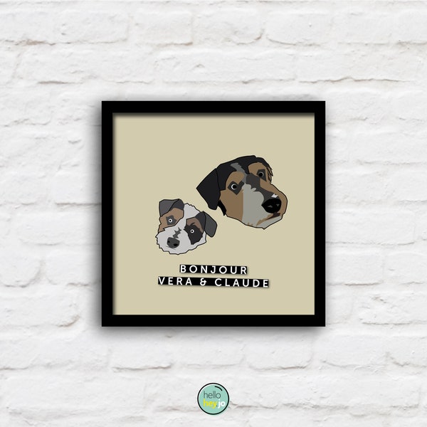 Personalised POP Dogs Portrait VERA & CLAUDE | 206x206mm | Framed in White or Black Frame |