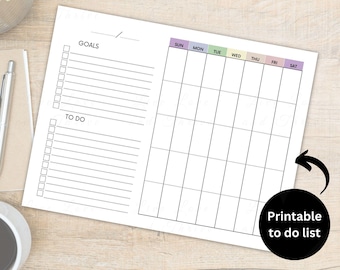 May include: A printable to-do list with a weekly calendar. The calendar has a pastel color scheme and is labeled with the days of the week. The to-do list has sections for goals and tasks.