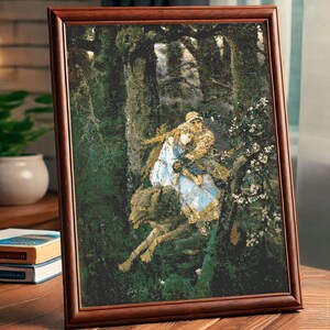 May include: A painting of a couple in a forest setting. The woman is wearing a white dress and the man is wearing a brown jacket. They are standing in front of a large tree with green leaves. The background is a dark forest with a path leading into the distance.