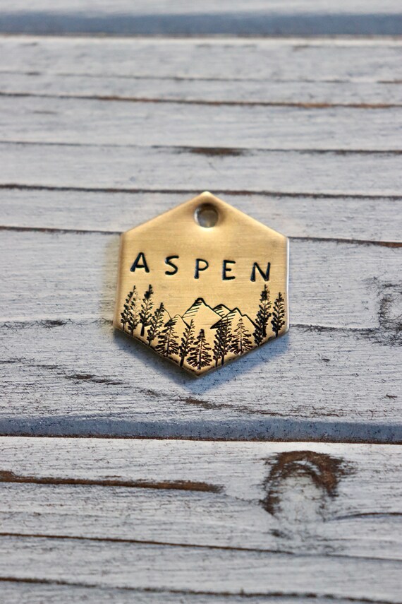 The Aspen : Forest & Mountains Gold Hexagon Pet ID Tag Dog | Etsy