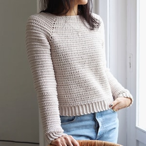 Può includere: Un maglione beige lavorato a uncinetto con maniche lunghe e scollo rotondo.