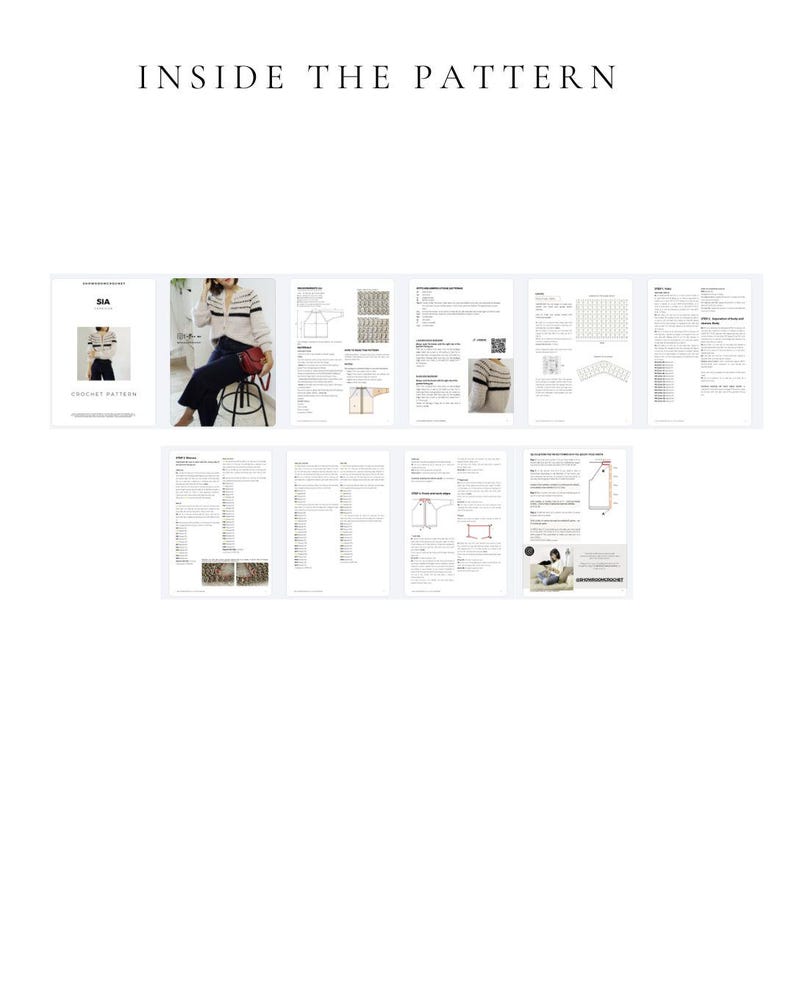 May include: A spread of pages from a crochet pattern book. The cover reads "SIA CROCHET PATTERN". The pages show diagrams, instructions, and photos of a striped sweater. The text "INSIDE THE PATTERN" is at the top.