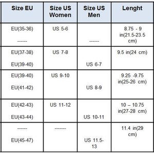 May include: Size chart for shoes in US, EU, and men's and women's sizes. The chart shows the corresponding shoe sizes in inches and centimeters for different sizes, including S, M, L, XL, and XXL.