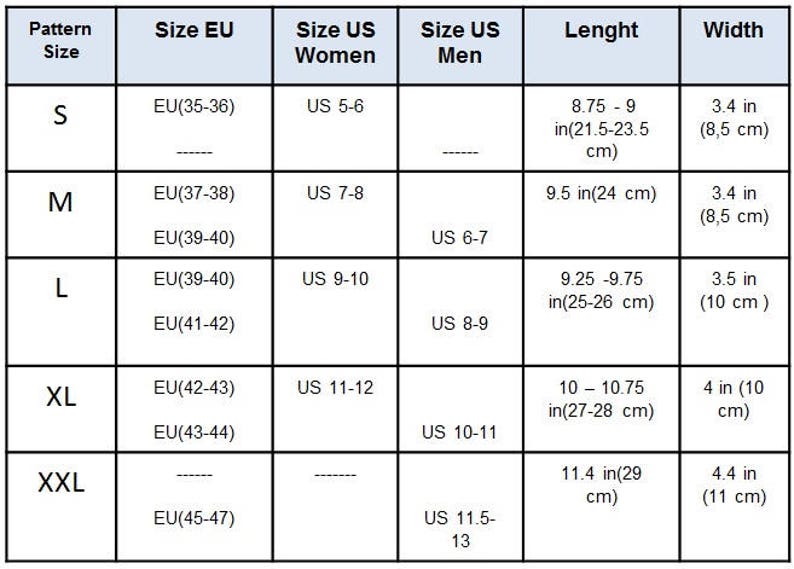 May include: Size chart for shoes in US, EU, and men's and women's sizes. The chart shows the corresponding shoe sizes in inches and centimeters for different sizes, including S, M, L, XL, and XXL.