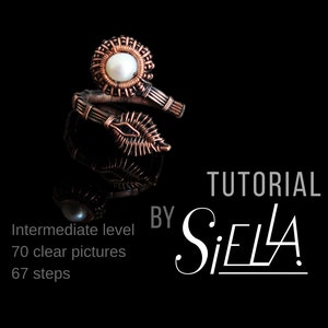 May include: Copper wire ring with a pearl centre and a spiral design. The ring is handmade and features the text "Tutorial by Siella". The tutorial is for an intermediate level and includes 70 clear pictures and 67 steps.