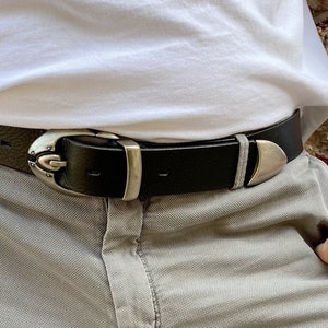 Men Leather Belt, Silver Buckle Belt, Black Leather Belt, Handmade Belt, Gift for Her, Made from Real Genuine Leather in Greece.