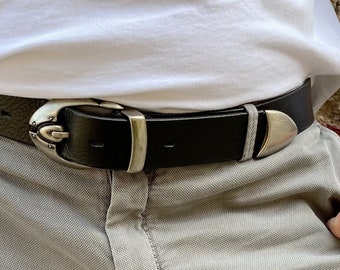 Men Leather Belt, Silver Buckle Belt, Black Leather Belt, Handmade Belt, Gift for Her, Made from Real Genuine Leather in Greece.