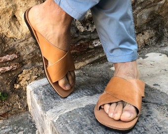 Mens Sandals X, Leather Sandals, X Sandals, Slides Sandals, Flat Sandals, Brown Sandals, Gift for Him, Made from Genuine Leather in Greece.