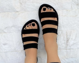 Suede Sandals, Leather Slide Sandals, Women Sandals, Black Sandals, Strappy Summer Shoes