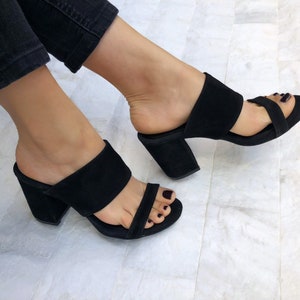 Black Heeled Sandals, Mules Sandals, Leather Sandals, Heeled Mules, Suede Shoes, Slip On Shoes, Made from Suede Leather in Greece.