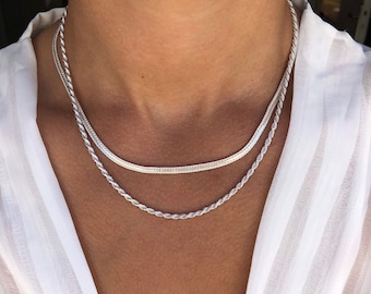 Zilveren ketting, zilveren ketting ketting, gelaagdheid ketting, sierlijke ketting, delicate ketting, cadeau voor haar, gemaakt van Sterling Zilver 925.