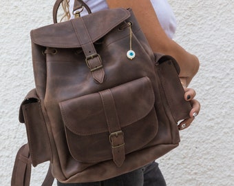 Large Leather Backpack, Brown Rucksack, Full Grain Travel Bag, Laptop Purse.