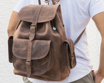 Waxed Brown Backpack, Leather Backpack Men, Leather Rucksack, Large Leather Bag, Laptop Backpack, Made from Full Grain Leather - EXTRA LARGE