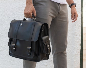 Porte-documents en cuir noir, sac messager en cuir, sac à bandoulière, sac messager pour homme, porte-documents pour ordinateur portable, sac pour ordinateur portable 17 pouces, fabriqué en Grèce.