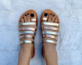 Handmade Leather Sandals, Women Sandals, Summer Shoes, Metallic Color Leather Straps Made in Greece from 100% Genuine Leather.