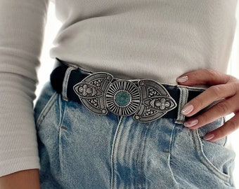 Ceinture d'été Boho, ceinture en cuir noir, ceinture femme, boucle Boho, cadeau pour elle, fabriqué en Grèce.