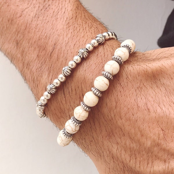 White Beaded Bracelets, Bracelets Men, Minimal Bracelets, Metallic Bracelet, Gift for Him, Made in Greece.