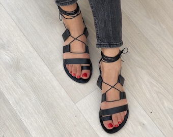 Schnürsandalen, Ledersandalen, Gladiator Sandalen, schwarze Sommerschuhe, Made in Griechenland.