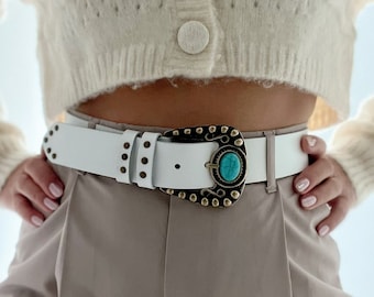Boho Buckle Belt, Leather Belt Women, White Leather Belt, Gift for Her, Made from Real Genuine Leather.