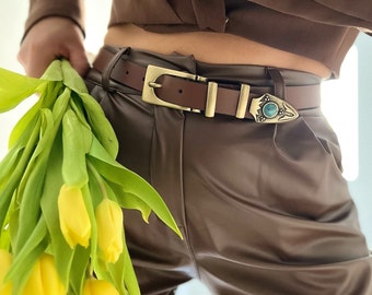 Ceinture en cuir Boho, ceinture pour femme, ceinture en cuir marron, fabriquée à partir de véritable cuir véritable, fabriquée en Grèce - Boho élégante