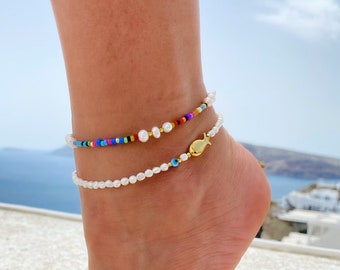 Beaded Anklet Women, Minimal Pearls Anklet, Summer Ankle Bracelet, Kleurrijke Anklet, Handmade Anklet, Cadeau voor haar, Made in Greece.