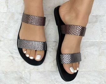 Strappy Sandals, Leather Sandals, Slide Sandals, Womens Slip-Ons, Women Shoes, Made in Greece.