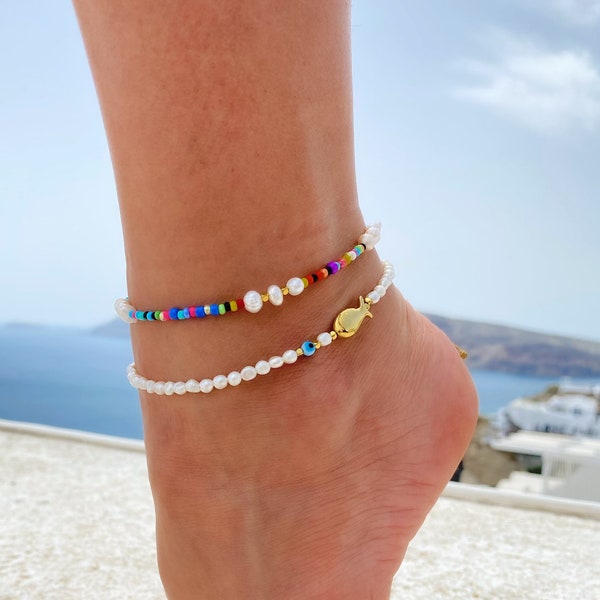 Femmes de cheville perlées, cheville de perles minimales, bracelet de cheville d'été, cheville colorée, cheville faite à la main, cadeau pour elle, fabriqué en Grèce.