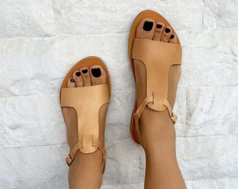 Brown Leather Sandals, T-Strap Sandals, Greek Sandals, Greek Slingback Shoes, Made in Greece