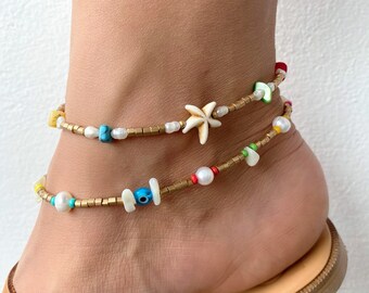 Boho Anklets, Adjustable Beaded Anklets, Beach Anklets, Summer Anklets, Gold Anklets, Gift for Her, Made in Greece.