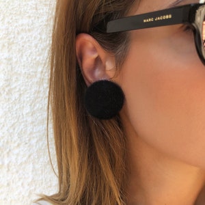 Pop Earrings, Clip On Round Earrings, Fluffy Earrings, Boho Earrings, Black Earrings, Clip Earrings, Gift for Her, Made in Greece.