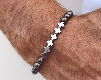 Bracelet homme, bracelet croix homme, bijoux croix, bracelet gris, cadeau pour lui, fabriqué à partir de perles d'hématite, fabriqué en Grèce.
