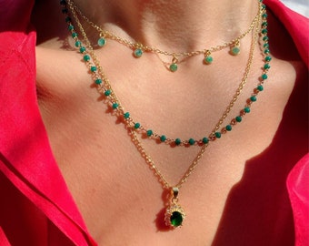 Emerald Necklace, Gold Layering Necklaces, Pendant Emeralds, Dainty Necklaces, Gift for Her, Made from Gold Plated Sterling Silver 925.