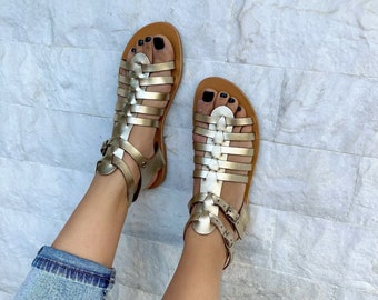 Sandalias gladiadoras doradas, sandalias para mujer, sandalias griegas, zapatos de verano, cuero de plena flor.