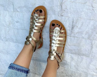 Gladiator Leather Sandals, Gold Sandals, Greek Sandals, Summer Shoes, Made from 100% Genuine Leather.