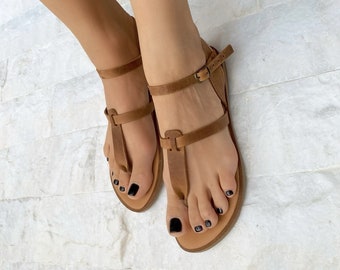 Leather Sandals, T-Strap Sandals, Slingback Sandals, Women Summer Shoes, Waxed Brown Color, Made in Greece.