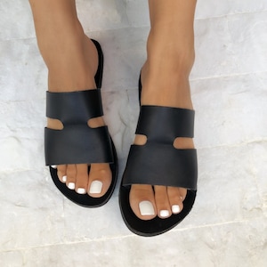 Leather Sandals, Black Leather Sandals, Women&#39;s Sandals, Leather Slides Sandals, Slip On Sandals, Summer Shoes, Made from Genuine Leather.