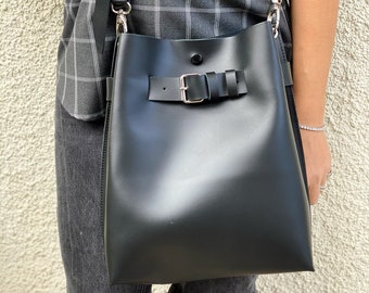 Leather Bucket Bag, Black Leather Purse, Crossbody Bag, Leather Shoulder Bag, Gift for Her, Made in Greece.