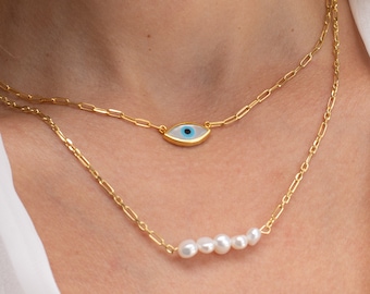 Gold Evil Eye Pendant, Evil Eye Necklace, Protection Necklace, Freshwater Pearls Necklace, Dainty Necklaces, Made from Sterling Silver 925.